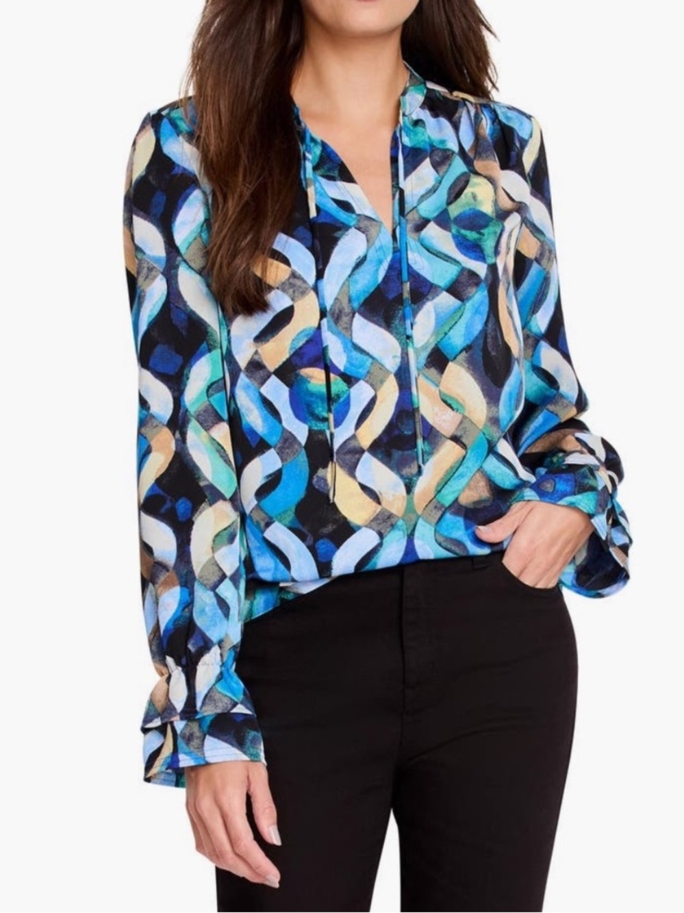 Nic+Zoe Blue Multi Wave Links Geometric Print Long-Sleeve Blouse NWT